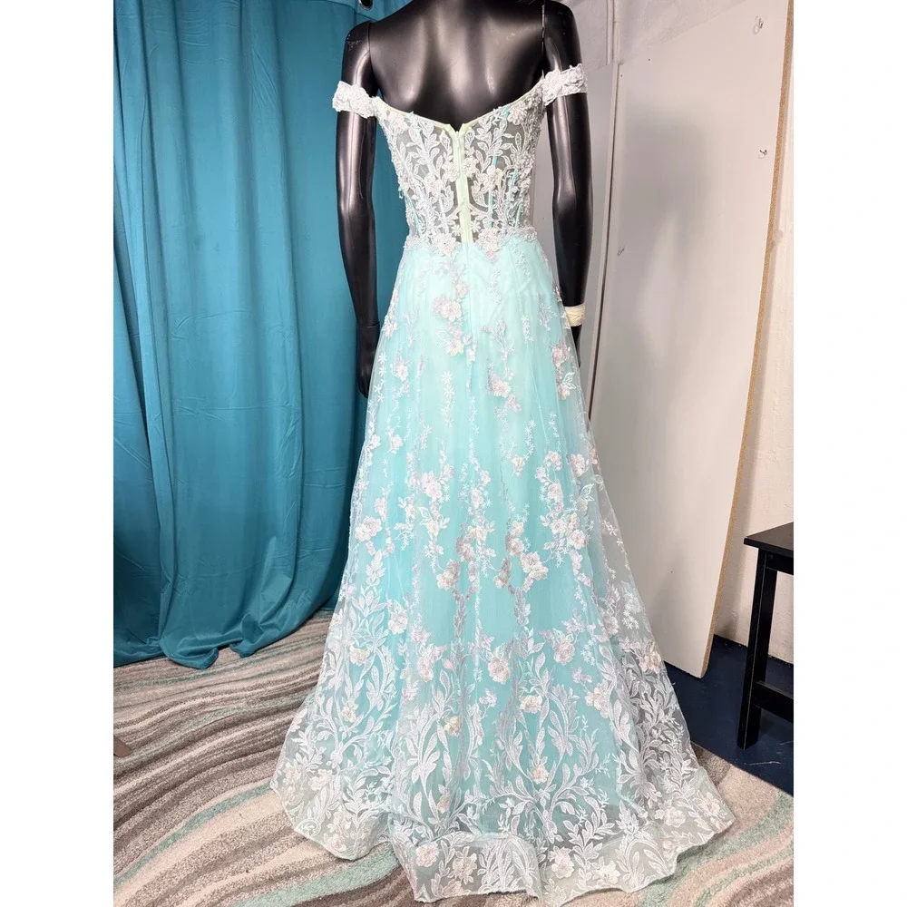 Morrell Maxie Size 4‎ Aqua White Floral Lace Off Shoulder Formal Gown - Picture 2 of 16
